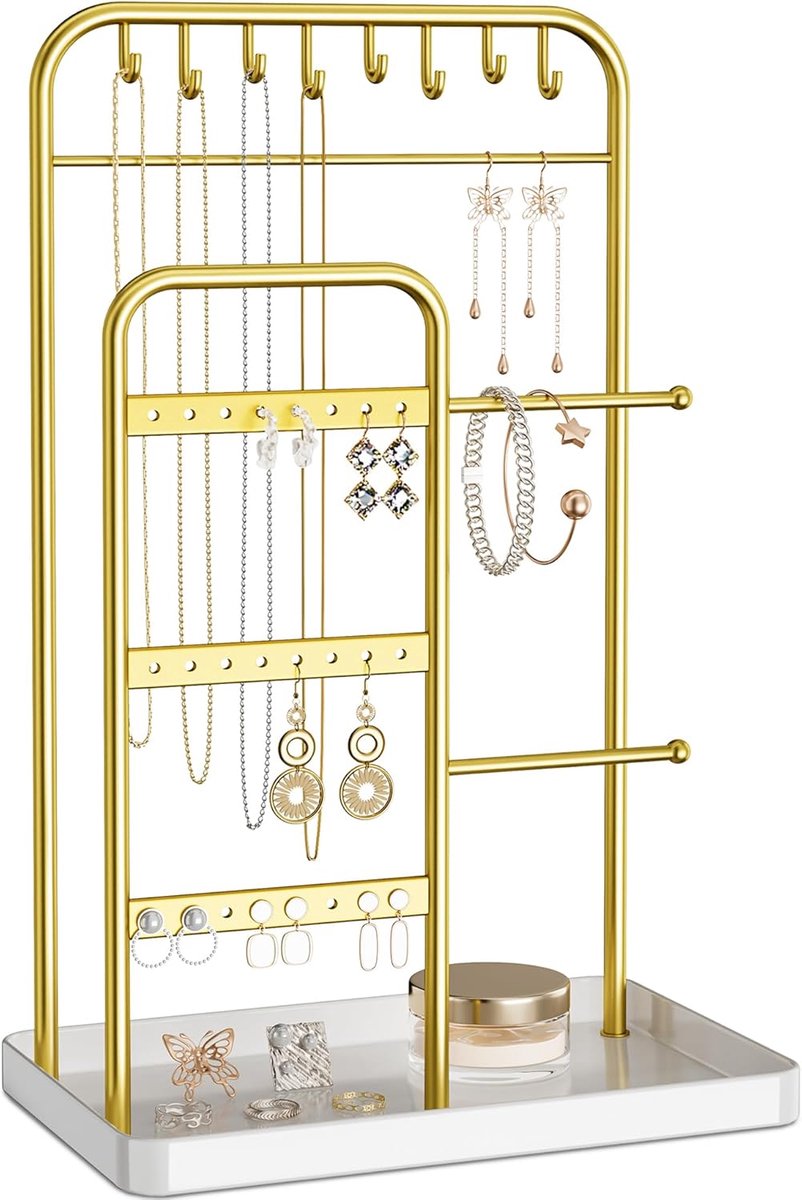 SnelShoppen - Sieradenhouder Stand voor Kettingen, Armbanden, Oorbellen en Ringen - Wit & Goud - Perfecte Sieraden Display voor Thuis of Feest