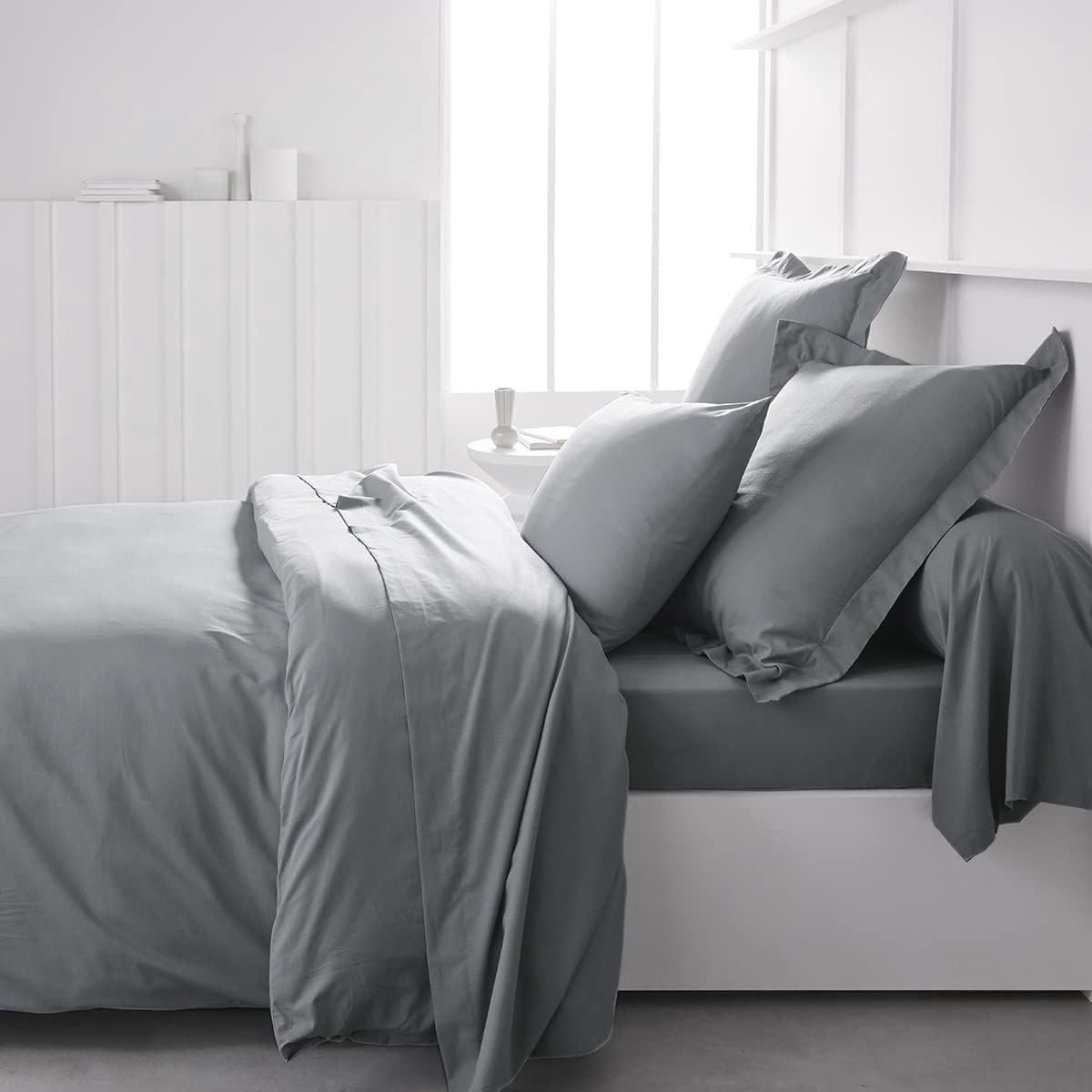 SnelShoppen - Fitted Sheet 160 x 200 cm, 100% Katoen, Effen Staal, Dubbel Bed, Onderlakens, Machinewasbaar, Comfortabel, Ideaal voor Thuis of Logies