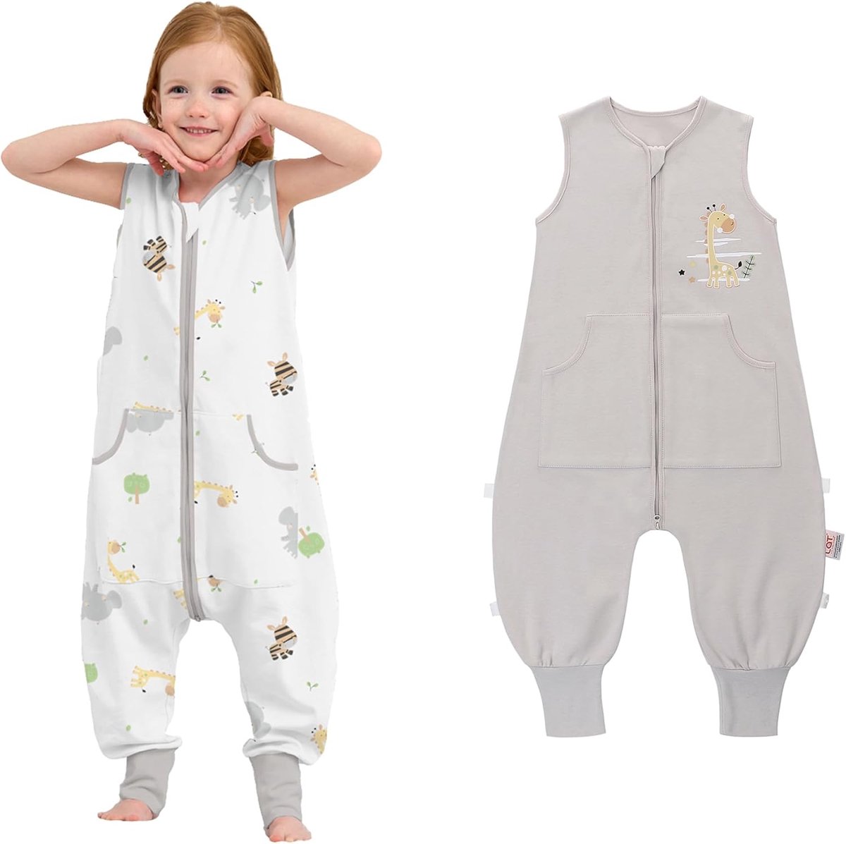SnelShoppen - LAT Baby Slaapzak met Voeten 2-Pack, Giraffe + Grijs, L - Comfortabele en Ademende Slaapzakken voor Baby's, Perfect voor Thuis en Onderw