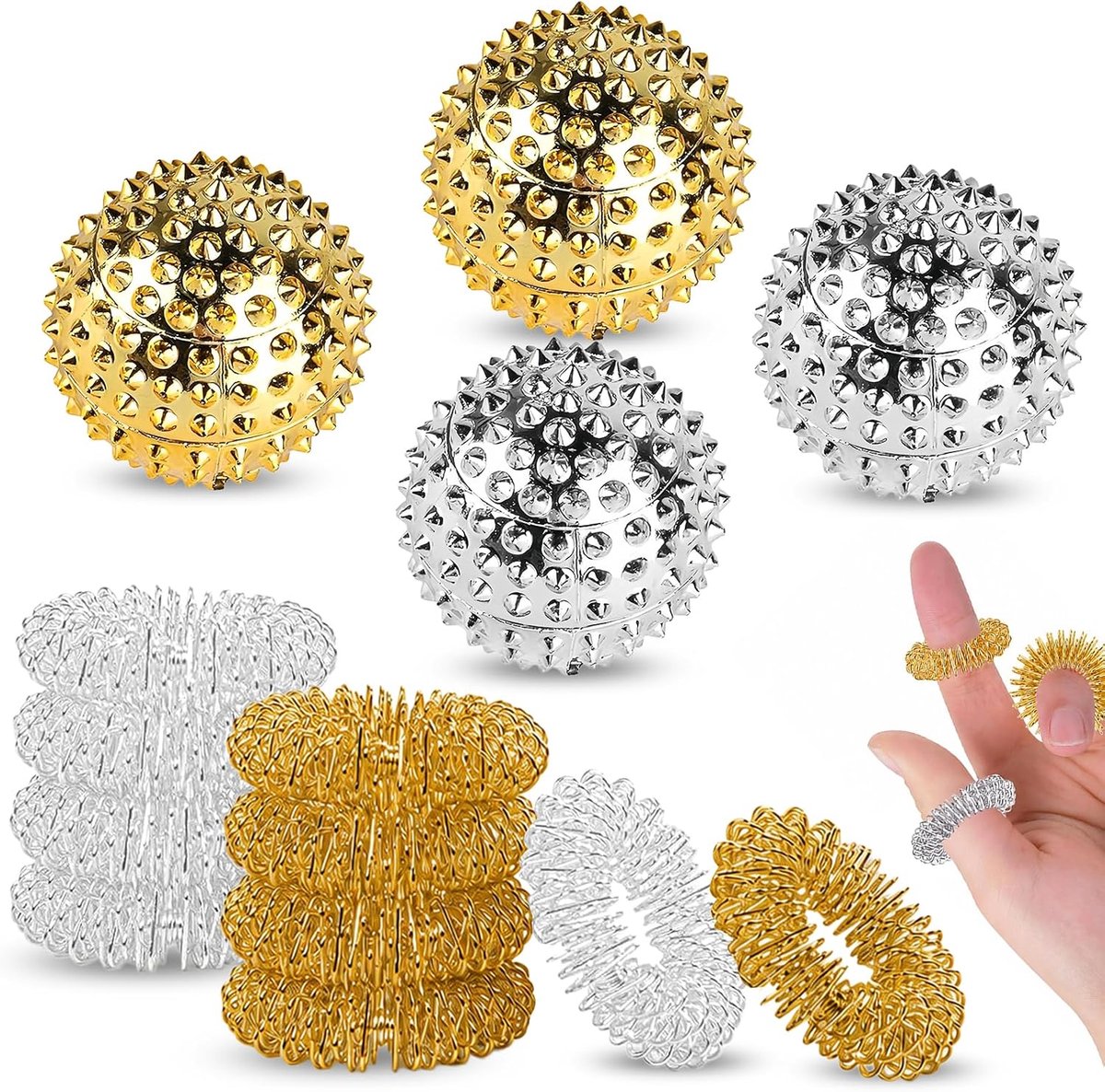 SnelShoppen - Massage Ball Set - 4 Magnetische Massageballen + 10 Acupressuurring Vingers - 25mm Acupressuurballen voor Stressverlichting - Ideaal voo
