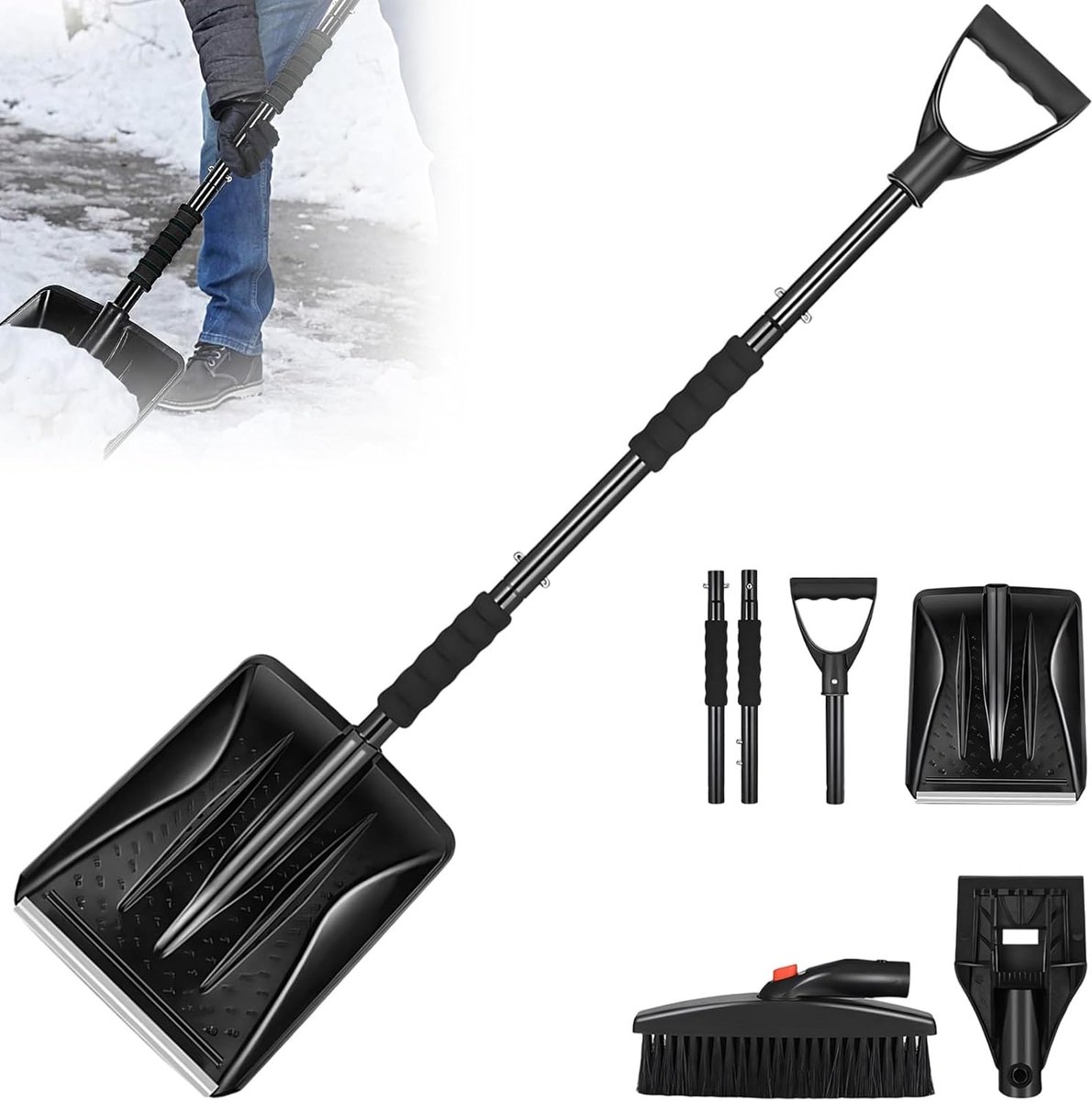 SnelShoppen - Ergonomische Snow Shovel Aluminium Staal D Handvat, 3-delige Afneembare Ontwerp, 112cm Verstelbare Portable Schep voor Auto, Oprit, Kamp