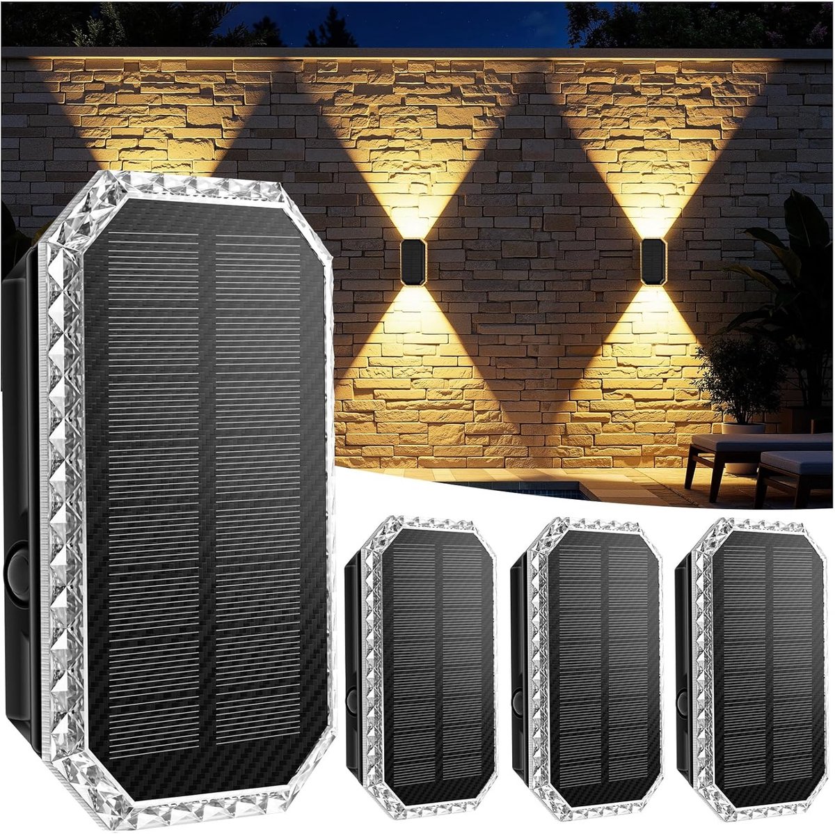 SnelShoppen - Led-wandlampen op zonne-energie voor buiten - 4 stuks - Drie instelbare kleurtemperaturen - IP65 waterdicht - Perfect voor terras, balko