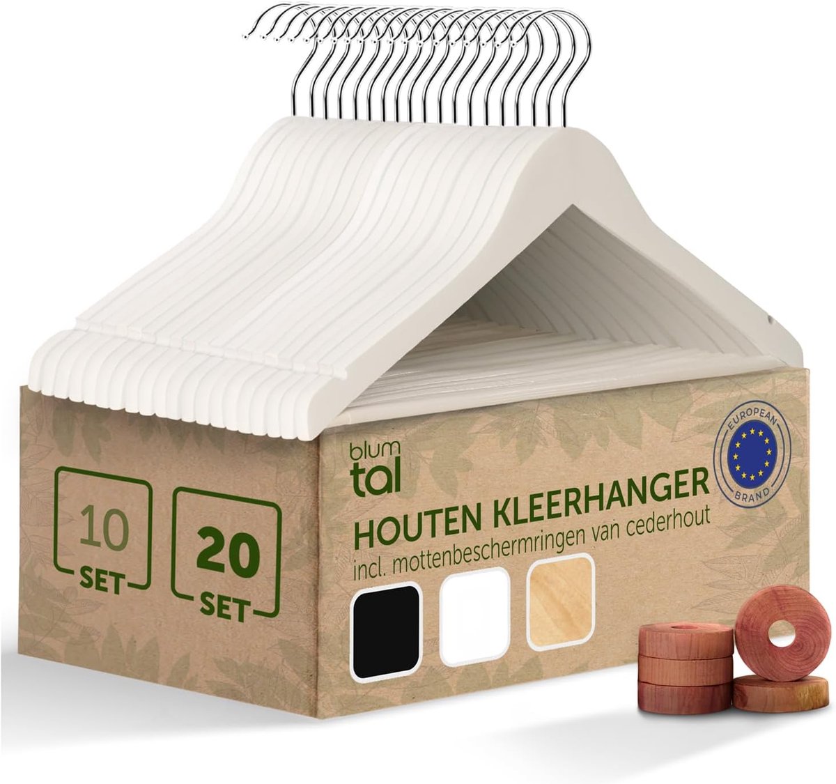 SnelShoppen - Houten Kledinghangers Set van 20 – Massief Hout, 360° Draaibare Metaal Haak, Schouderuitsparingen, Antislip Broekhanger – Wit