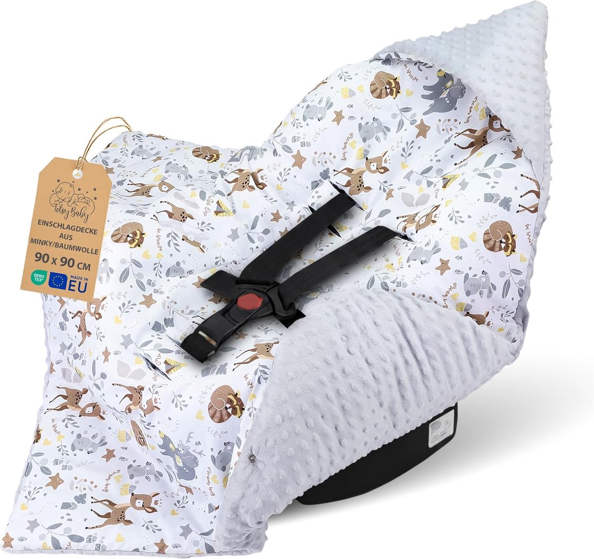 SnelShoppen - Swaddle Blanket voor Autostoel en Kinderwagen – Zacht Minky Babydeken Dubbelzijdig met Kap voor Pasgeborenen 90x90 cm Hert Lichtgrijs Oe
