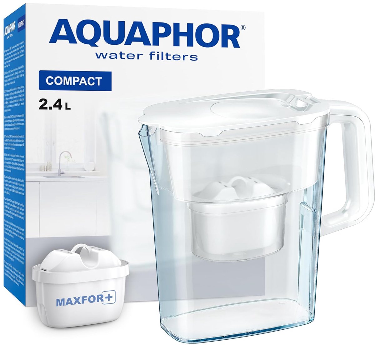 SnelShoppen - Waterfilterkan Compact Wit 2.4L met Maxfor+ Filter - Vermindert Kalk, Chloor & Zware Metalen - Lichtgewicht Plastic Karaf voor Koelkastd