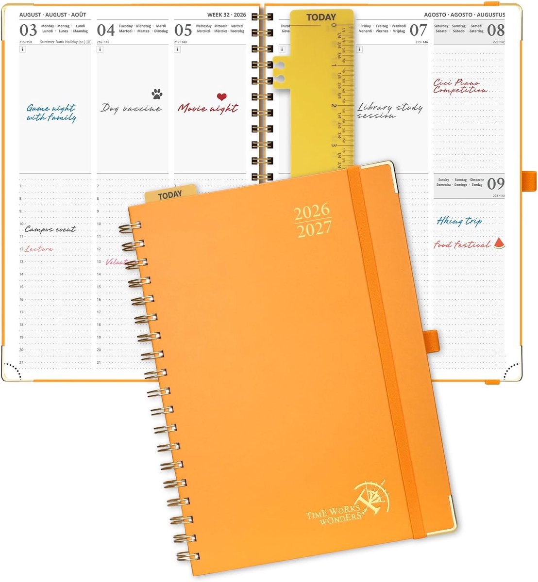 SnelShoppen - Weekly Planner 2026-2027 A4 Spiralboek - 17 maanden agenda met 100g FSC® papier, oranje - Weekplanner met 30-minuten indeling voor schoo