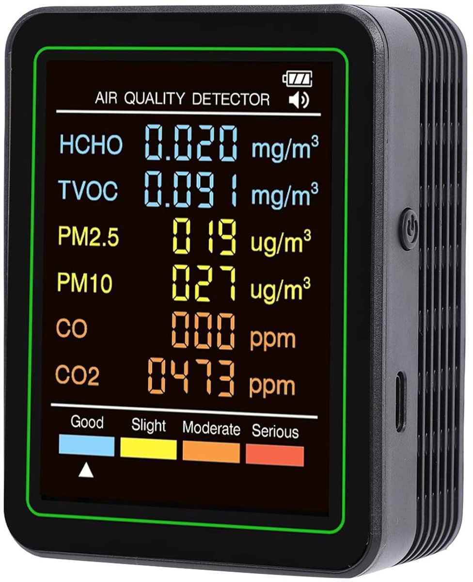 SnelShoppen - 6-in-1 Luchtkwaliteitsmonitor, CO2 Detector, PM2.5 en PM10 Meter, HCHO TVOC CO Tester, Draagbaar met Infrared Electrochemical Sensor voo