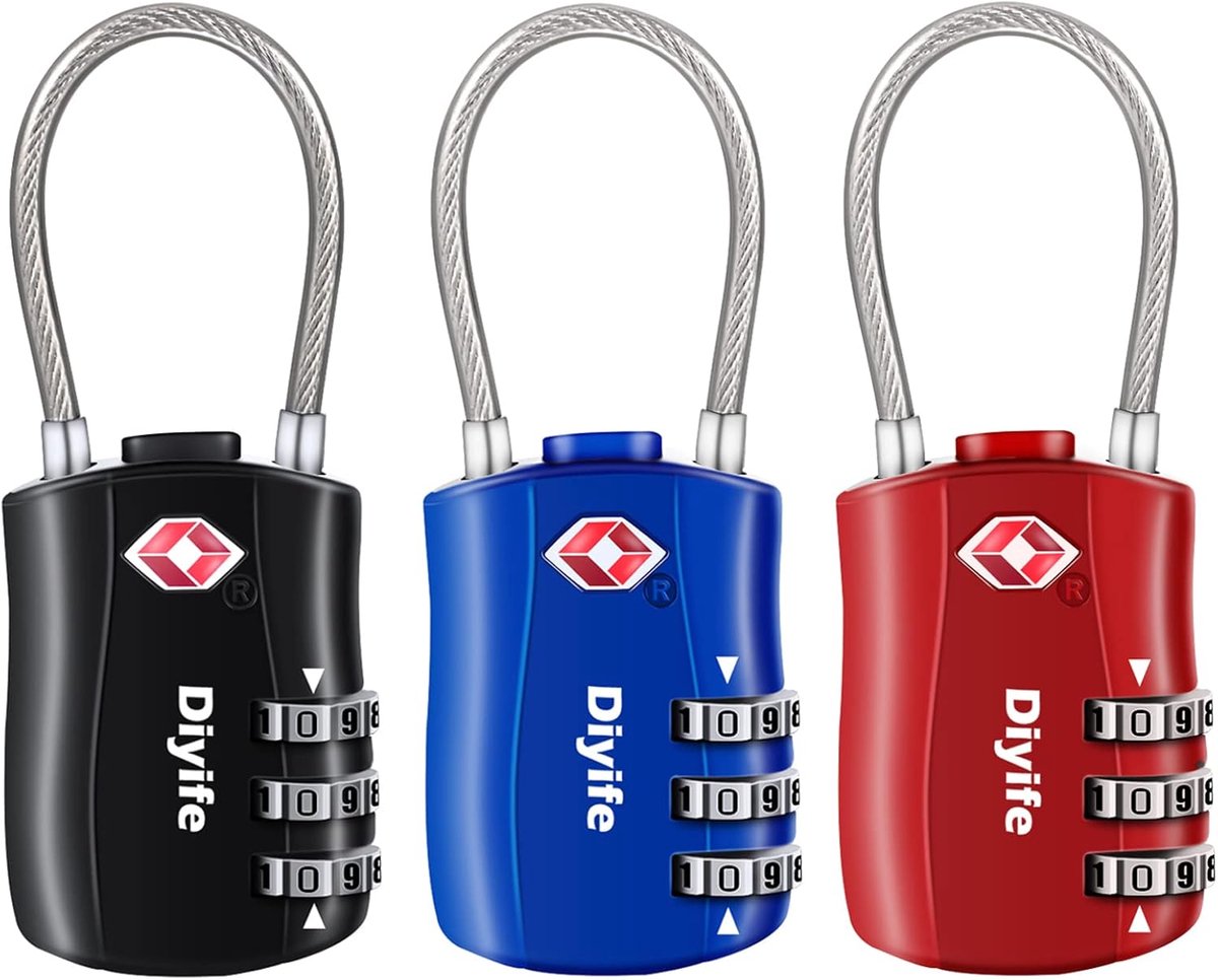 SnelShoppen - TSA Bagagesloten, 3 Stuks 3-Cijferige Combinatielocks, Veiligheidsloten voor Reisbagage, Koffers, Zwart, Blauw, Rood
