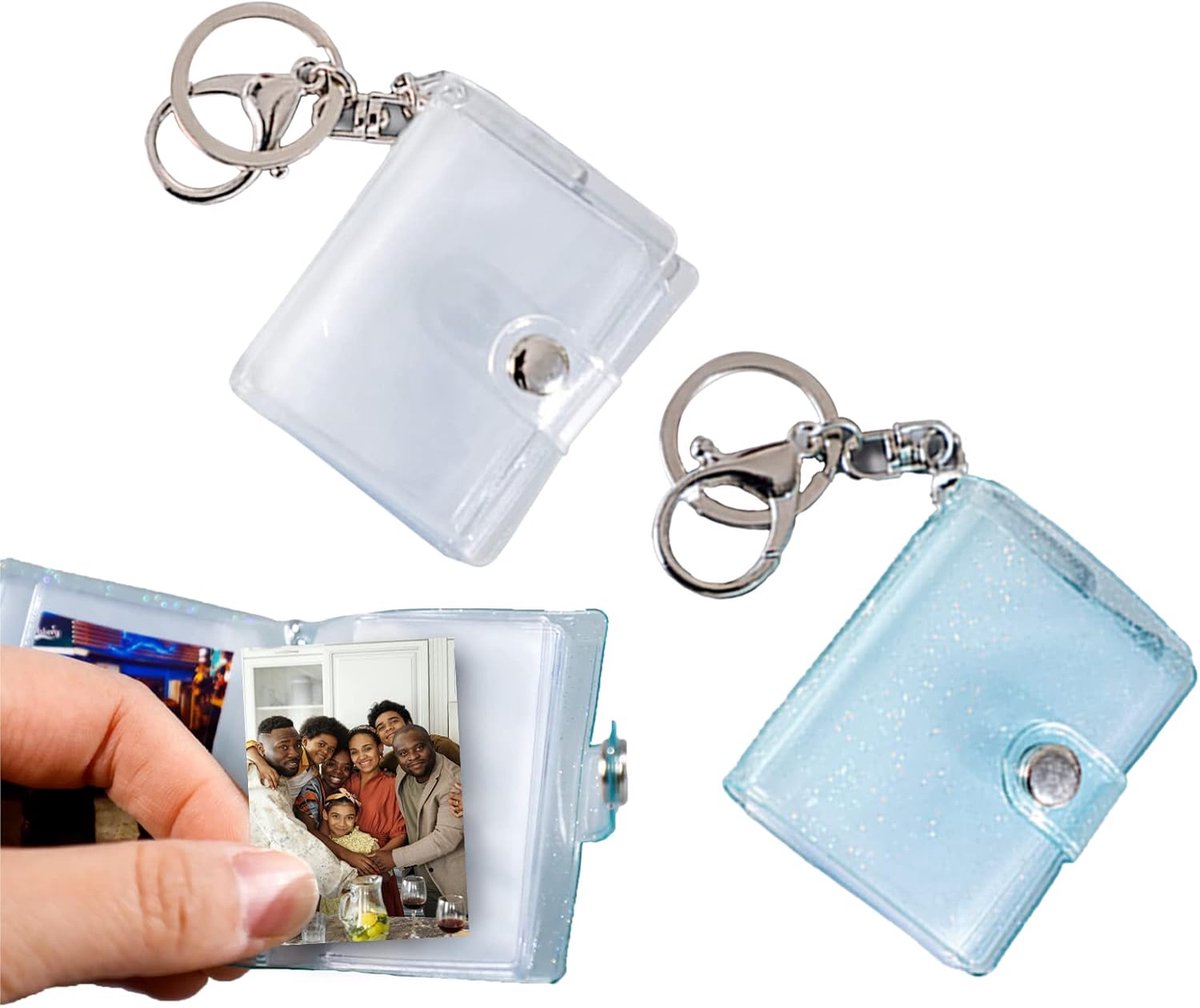 SnelShoppen - 2-Delige Mini Foto Album Set met Sleutelhanger en Kreeftsluiting - 32 Compartimenten voor 5 cm Foto's - Shiny Blauw & Fel Wit - Perfect