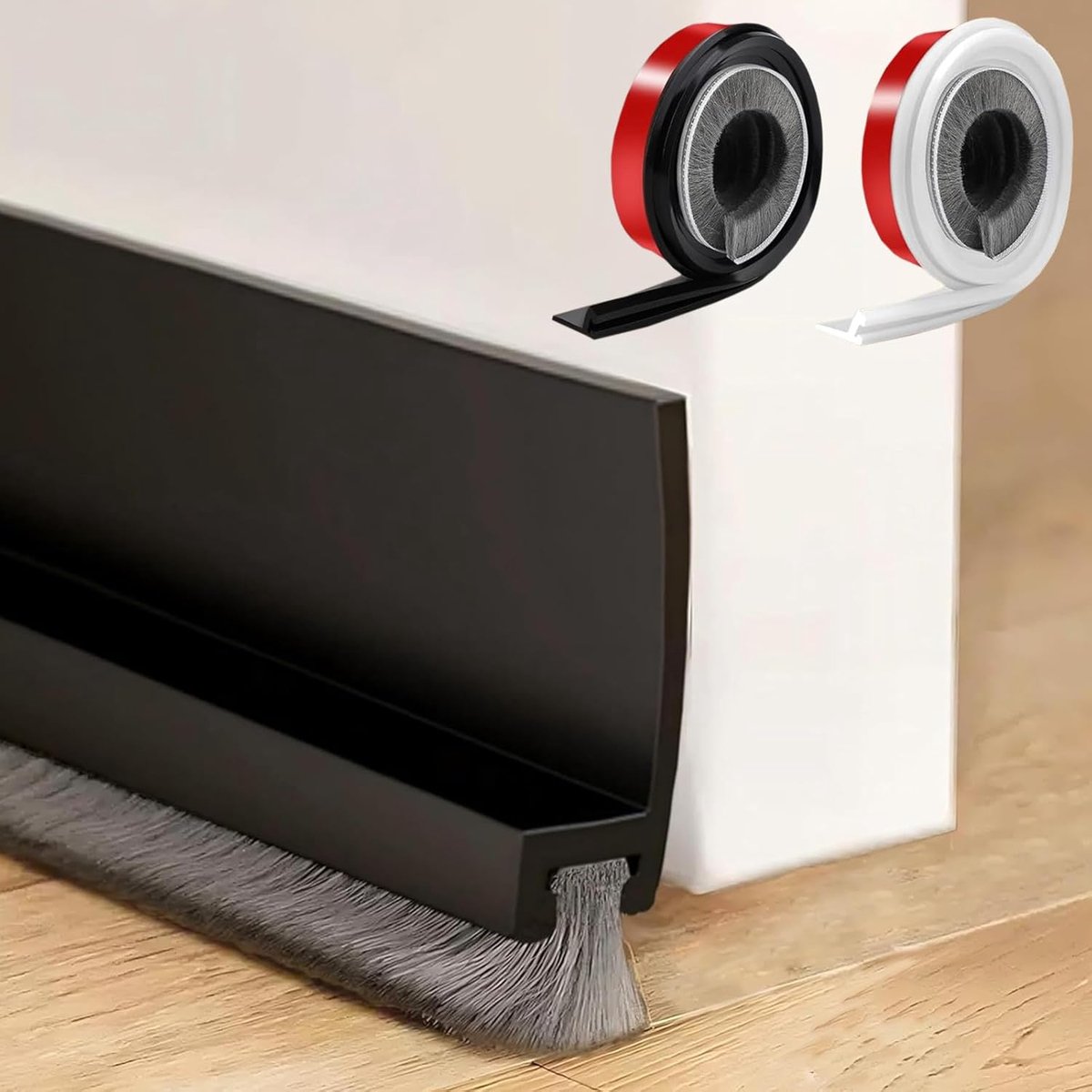 SnelShoppen - Draught Excluder Deurstopper Zelfklevend 2-pack Zwart/Wit - Onderdeur Borstel tegen Koude, Insecten en Stof