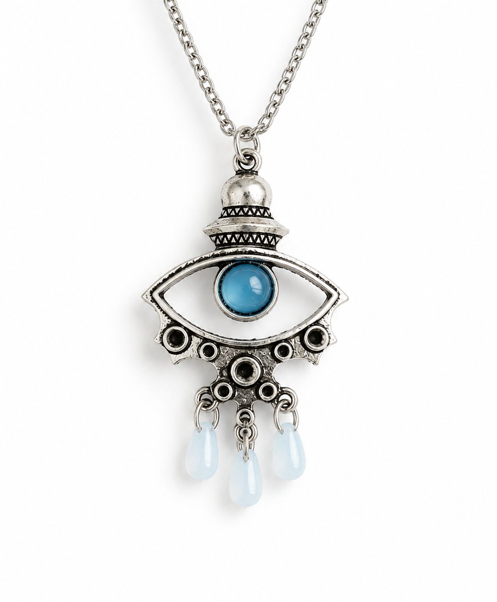 Boho Halsketting met Oog Hanger – Vintage Zilverkleurige Dames Ketting – Blauwe Kralen – Statement Sieraad – Kettinglengte 22 cm – Hanger ca. 5 cm