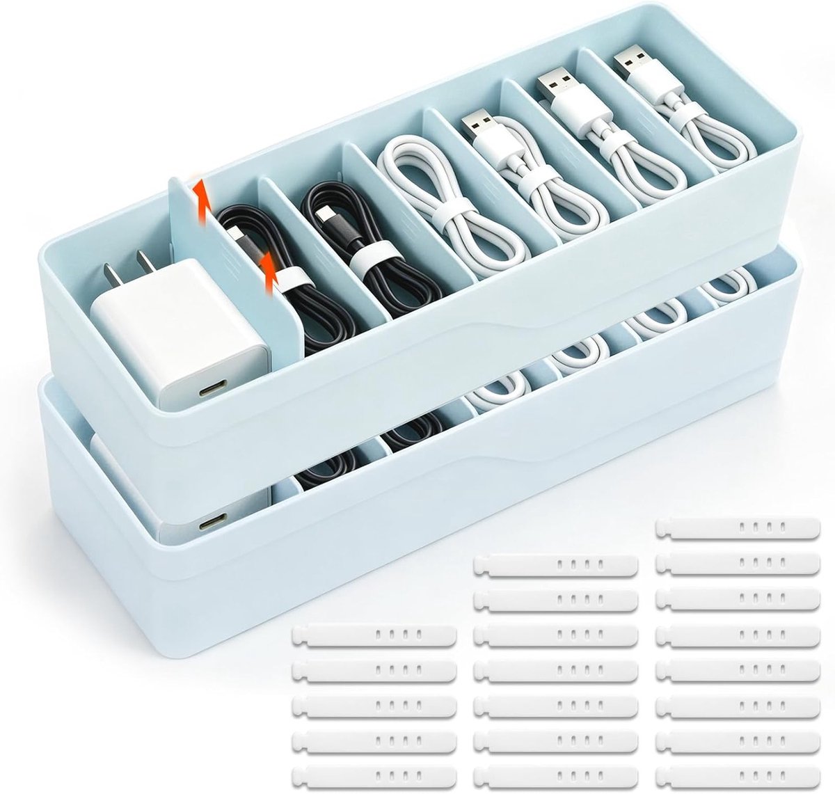 Organiseer je Kabels met deze Set van 2 Kabelopbergdozen in Wit, Verstelbare Compartimenten en 7 Kabelbinders voor een Nettere Werkplek