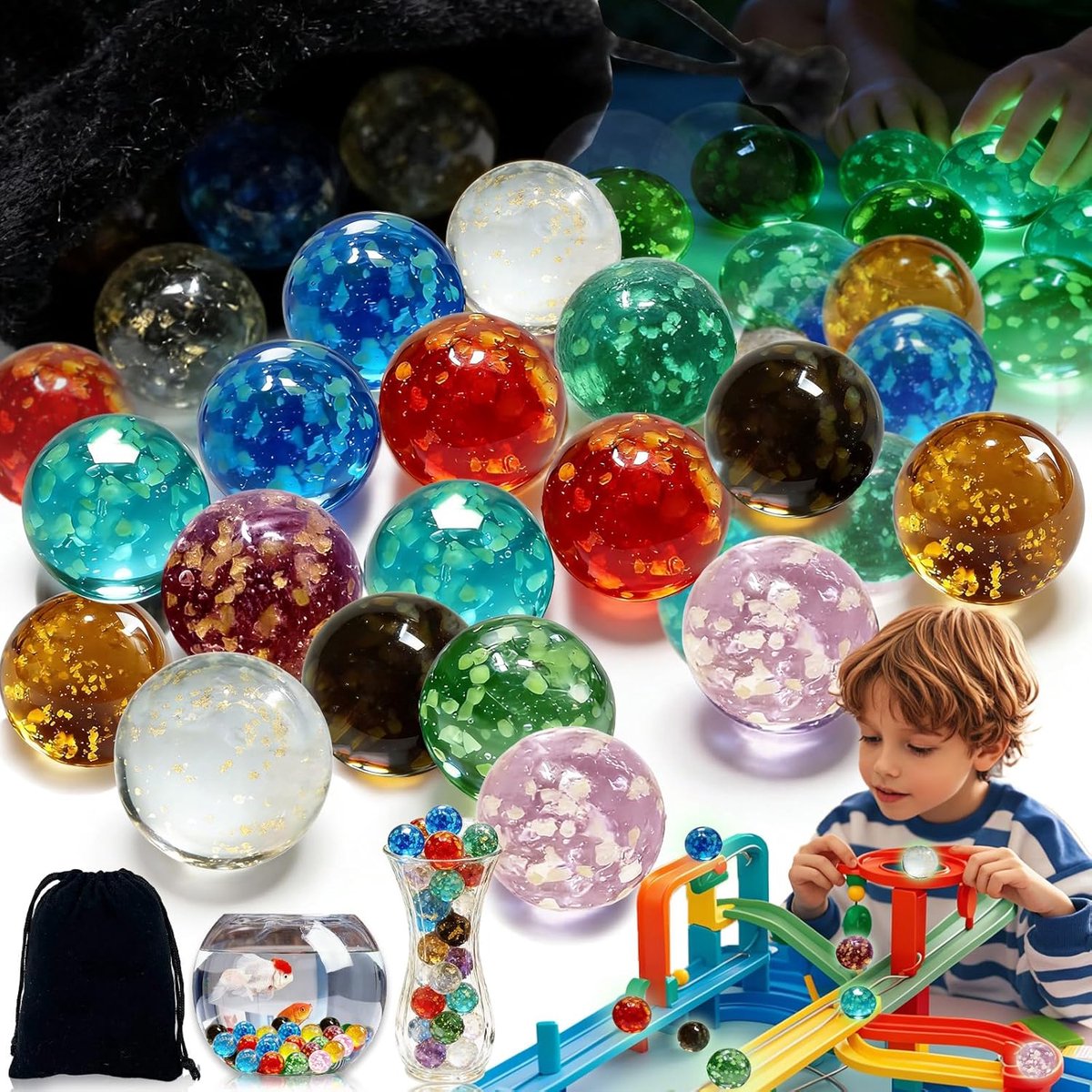 SnelShoppen - 20 Kleurige Marbles voor Kinderen, Decoratie, Tuin, Thuis, 10 Kleuren, Glas, Met Zachte Velvet Zak
