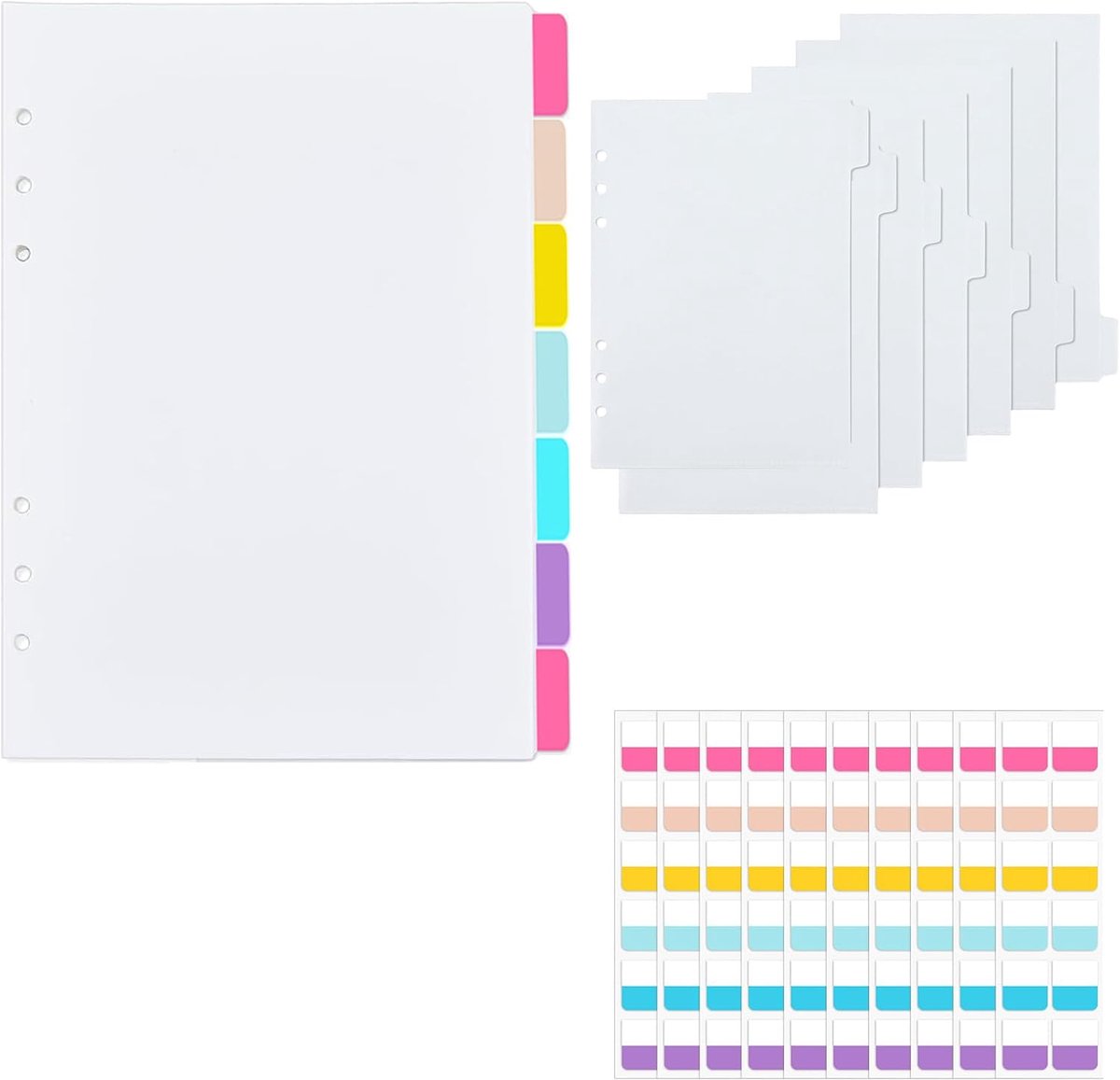 SnelShoppen - 7 A5 Scheidingsbladen met 120 Stickers, Kunststof Map, Tabbladen, Indexverdeler voor Ordner, Ringband, Planner, Notitieboek, 6 Gaten