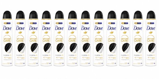 Een rij van elf Dove Advanced Care Invisible Dry deodorantbussen met goudkleurige accenten.