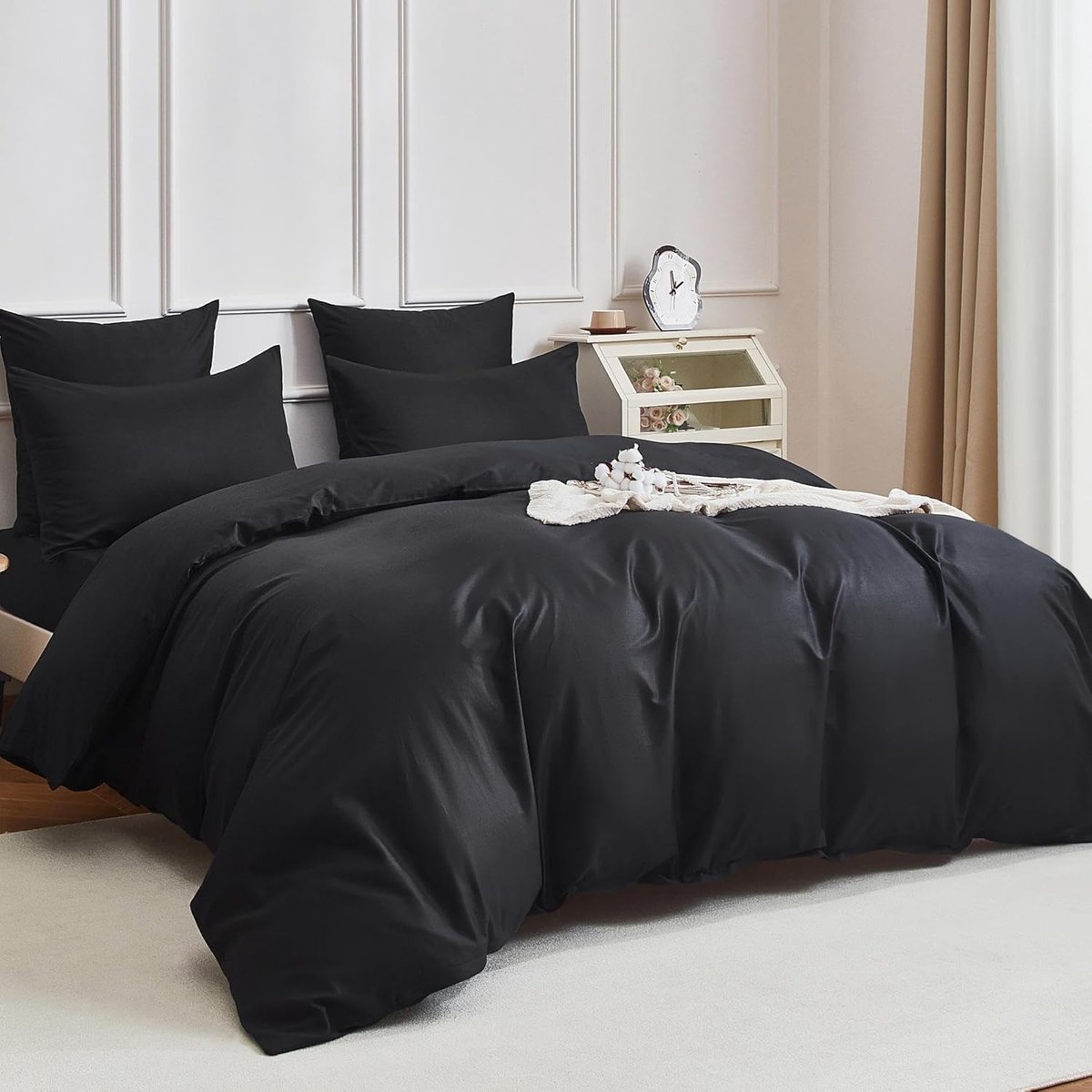 SnelShoppen - Bedding 200 x 200 cm Katoen Zwart Effen Duvet Dekbedovertrek Set 3-Delig met Rits en 2 Kussenslopen 80 x 80 cm - Ademend, Zacht en Glanz