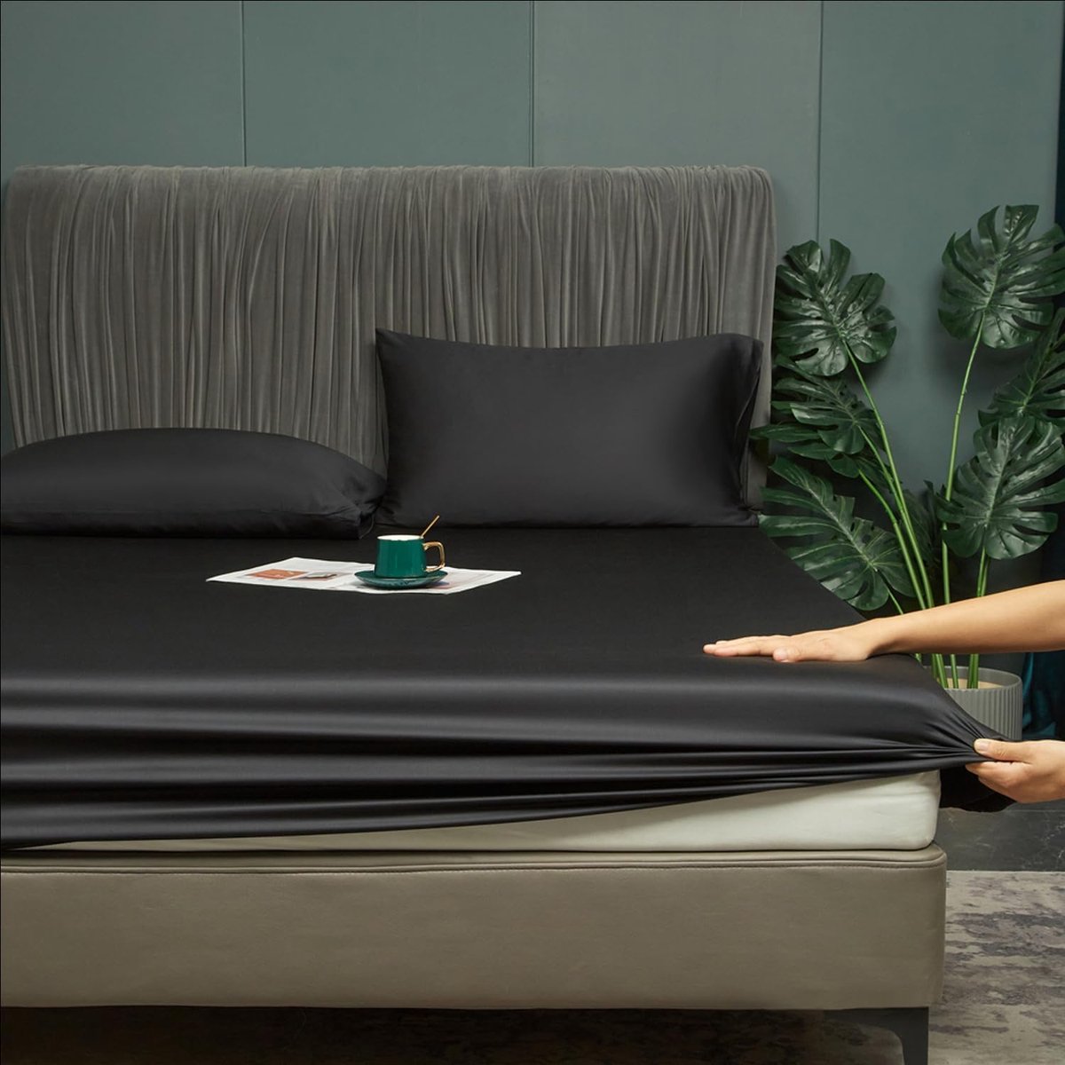 SnelShoppen - Bamboo Spannbetttuch 200x200cm Zwart Antibacterieel Zacht Cooling 50% Bamboe & Microvezel Bedlinnen Set Voor Hoog Matras tot 30cm