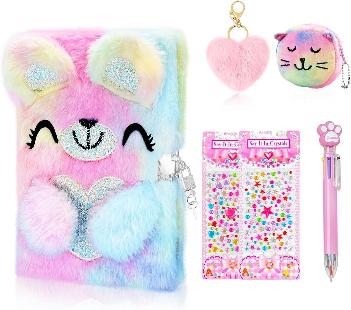 SnelShoppen - Secret Diary Meisjes Notitieboek met Sleutel en Slot, Furry, Ster Bracelet, Multicoloured Pen, Decoratieve Stickers, Perfect voor Kinder