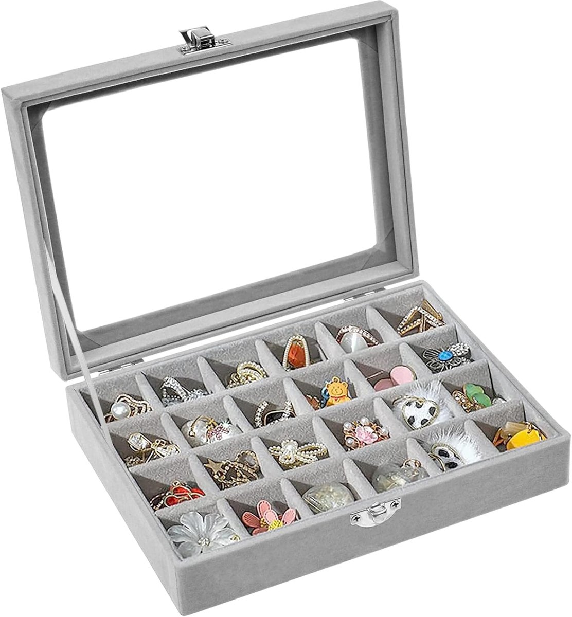 SnelShoppen - 24 Compartimenten Sieradenbox voor Vrouwen, 20x15x4.5 cm, Grijze Velvet Sieradenopslag voor Ringen, Oorbellen, Kettingen