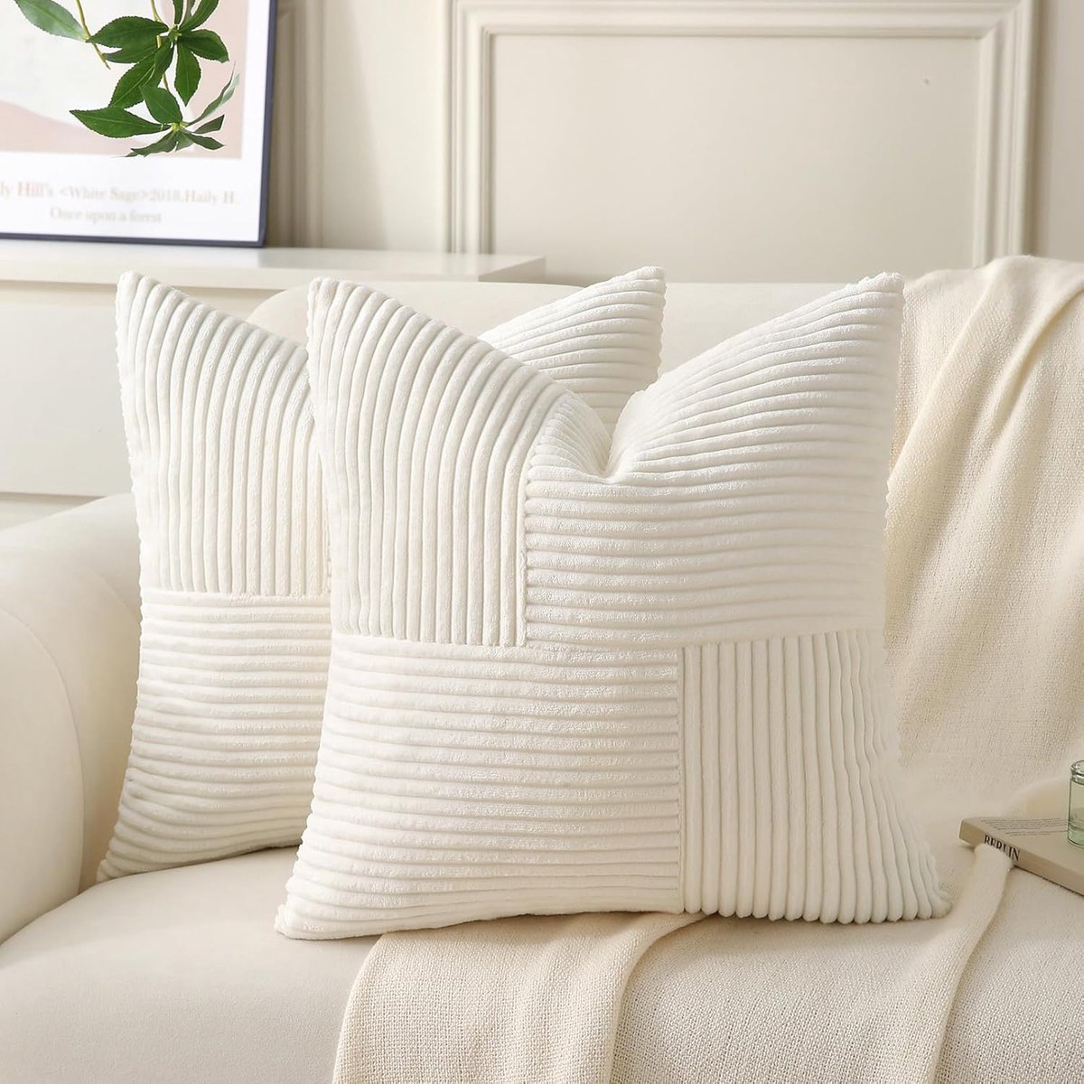 SnelShoppen - Set van 2 Fluffy Corduroy Kussenhoezen 60x60 cm, Crème Wit Boho Decoratieve Kussens, Zachte Sofa Kussens voor Woonkamer, Slaapkamer en B
