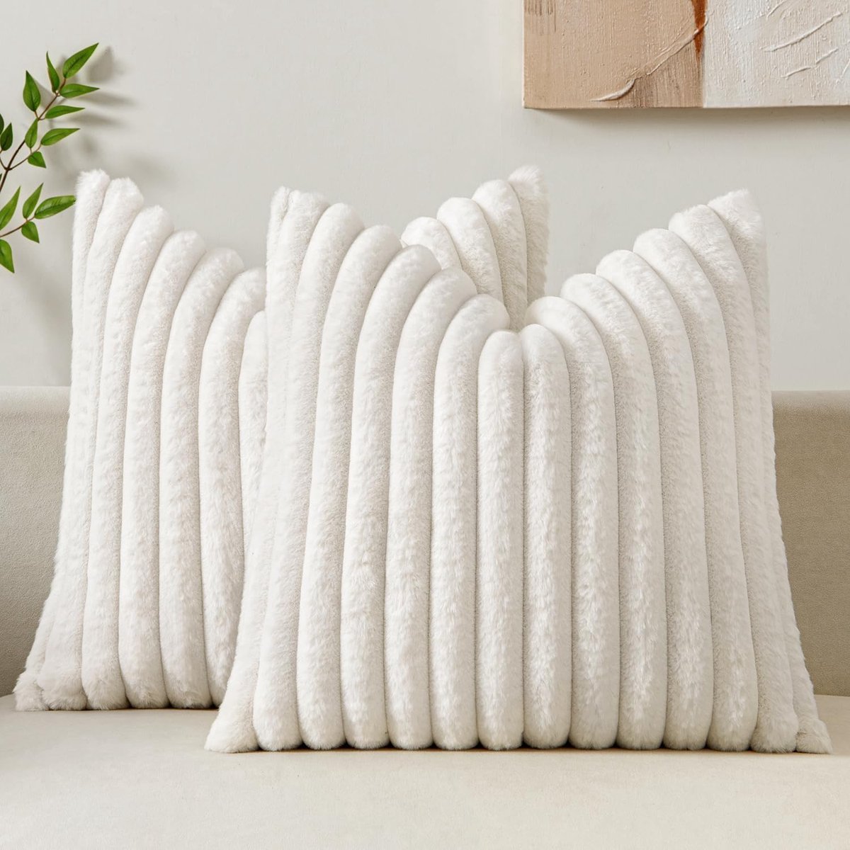 SnelShoppen - Luxe Pluche Kussenhoezen 60x60 cm - Decoratieve Zachte Kussenhoezen van Faux Bont - Set van 2 Witte Kussenhoezen voor Woonkamer en Slaap