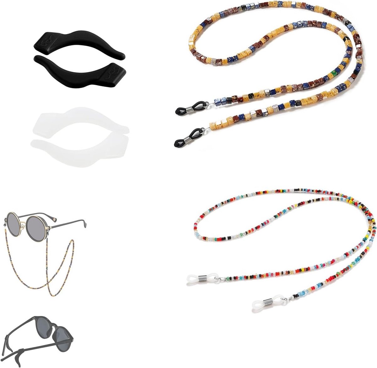 Set van 2 brillenkettingen en 4 antislip oorpads, retro brillenhouder, nekband voor dames, geschikt voor zonnebrillen en leesbrillen, multicolor en stijlvol ontwerp