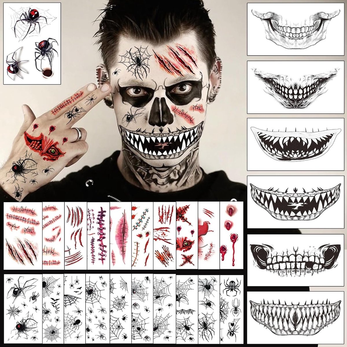Creepy Halloween Tattoos voor Gezicht - 27 Bladen met 3D Schade, Bloedwonden en Spinnen voor Kostuumaccessoires voor Mannen en Vrouwen