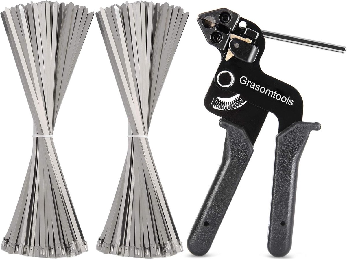 SnelShoppen - 200 Stuks RVS Kabelbinders en Metaal Tie Wrap Gun Kit, Zip Tie Tool 4.6 x 270mm, Duurzaam en Sterk voor Tuin, Klussen en Organisatie