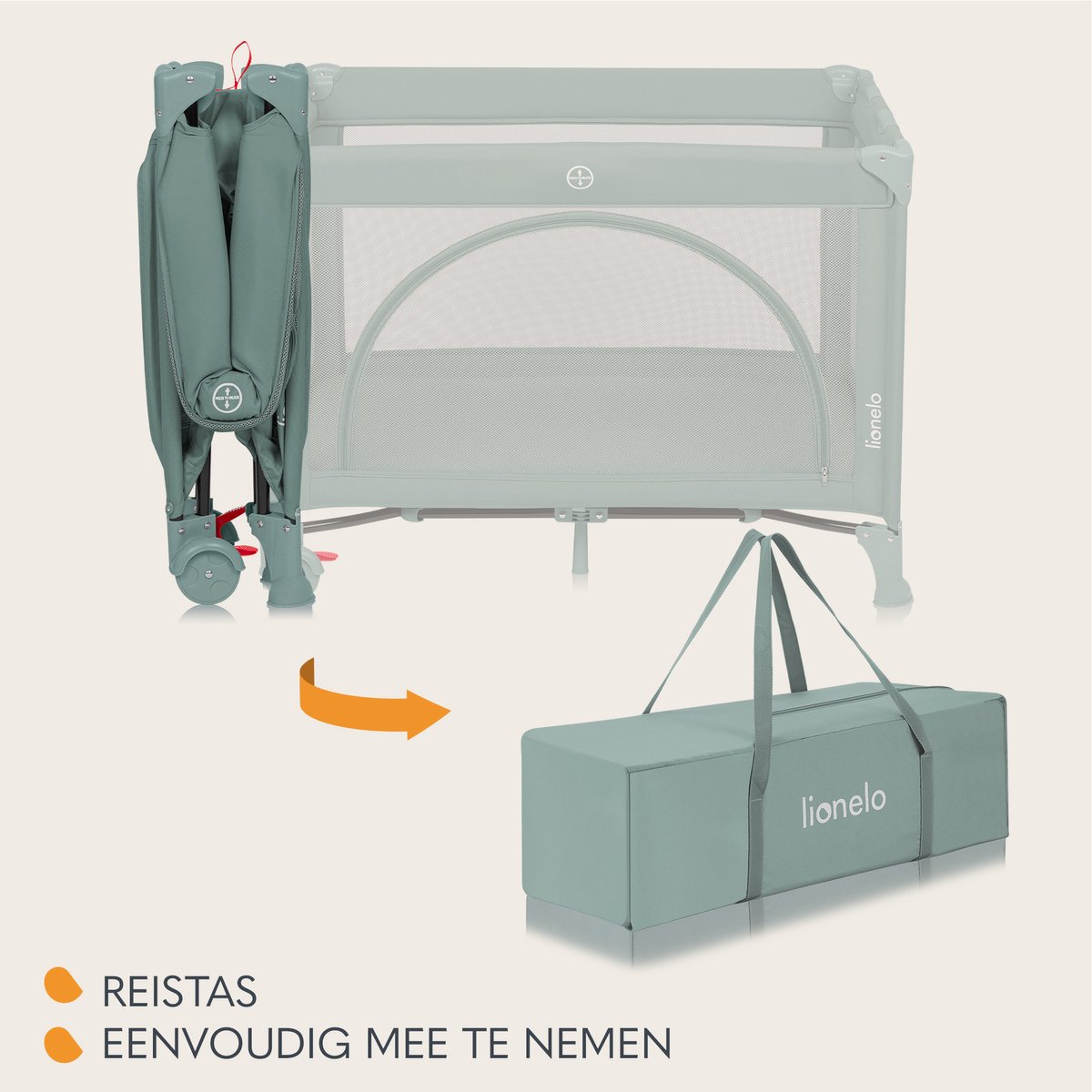 Lionelo Laura Campingbedje 2in1 – Reisbedje & Babybedje – 0-36 Maanden – 2 Matrasniveaus – Compact & Lichtgewicht – Schuimmatras – 2 Wielen met Rem – Mesh Zijpanelen – Zij-ingang – Opbergvak – Inclusief Draagtas – foto 5