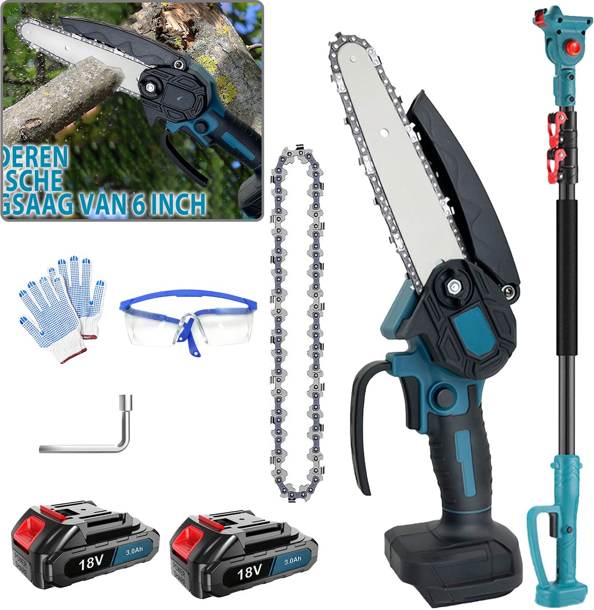 2-in-1 Draadloze Accu Kettingzaag 18V met Uitschuifbare Verlengstang 1,3-2,5m, 6 Inch Mini Boomzaag voor Tuin Snoeien, Takken en Hout Zagen, Complete Veiligheidsset met 2 Accu's