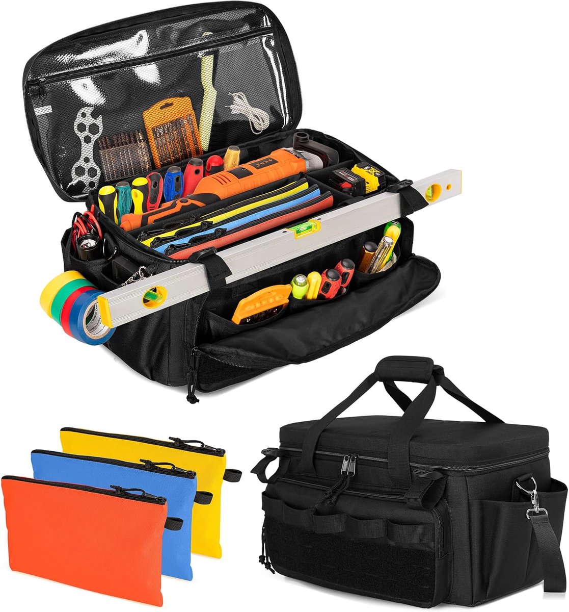 SnelShoppen - Multifunctionele Tool Bag voor Mannen met 3 Rits Opbergvakjes, Elektricien Tool Bag, Robuust Nylon, Zwart, Ideaal voor Vakmannen, Klusse