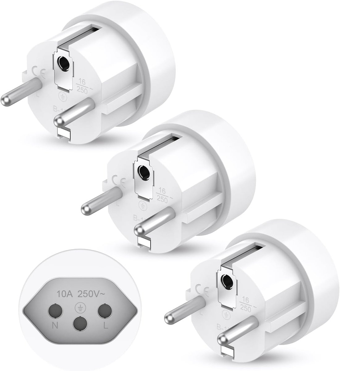 SnelShoppen - Travel Plug Zwitserland naar EU Reisadapter 3-Pack, 3-Pole Zwitserse Stekker naar 2-Pin DE Bus Adapter voor Vakantie, Camping, Thuisgebr