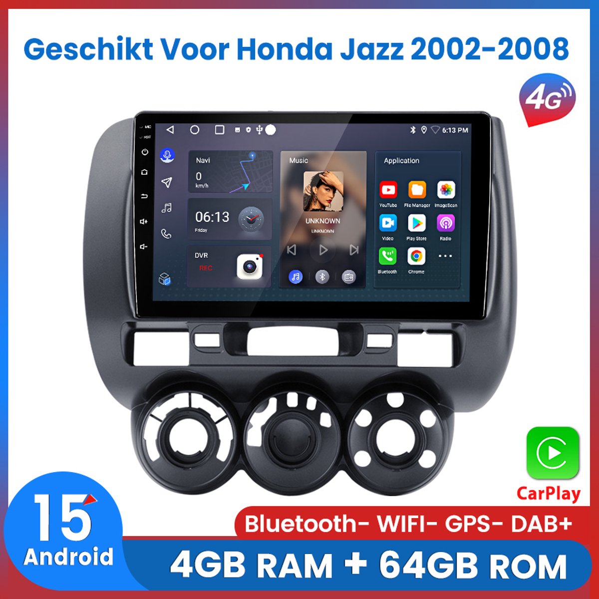 Awesafe 8-Core V1PRO 4+64GB Autoradio - Geschikt Voor Honda Jazz 2002 t/m 2008 - Draadloze Carplay Android Auto - Touchscreen - GPS Navigatie 4G WiFi - Bluetooth Radio - 2002 2003 2004 2005 2006 2007