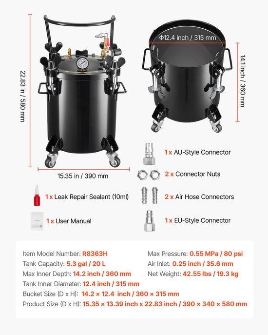 Drukvat, 20-Liter Stalen Tank met Dubbele Aansluitingen (EU/AU) voor Thuisgebruik, Creatieve Projecten en Kunsttoepassingen, Container met Brede Opening en 4 Wielen — afbeelding 3