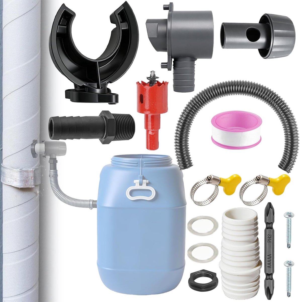 SnelShoppen - Regenwaterverzamelaar voor 70-110 mm, Regendief, Watervangsysteem met Montageaccessoires, Universele Regenpijp Connector Set voor Tuin,
