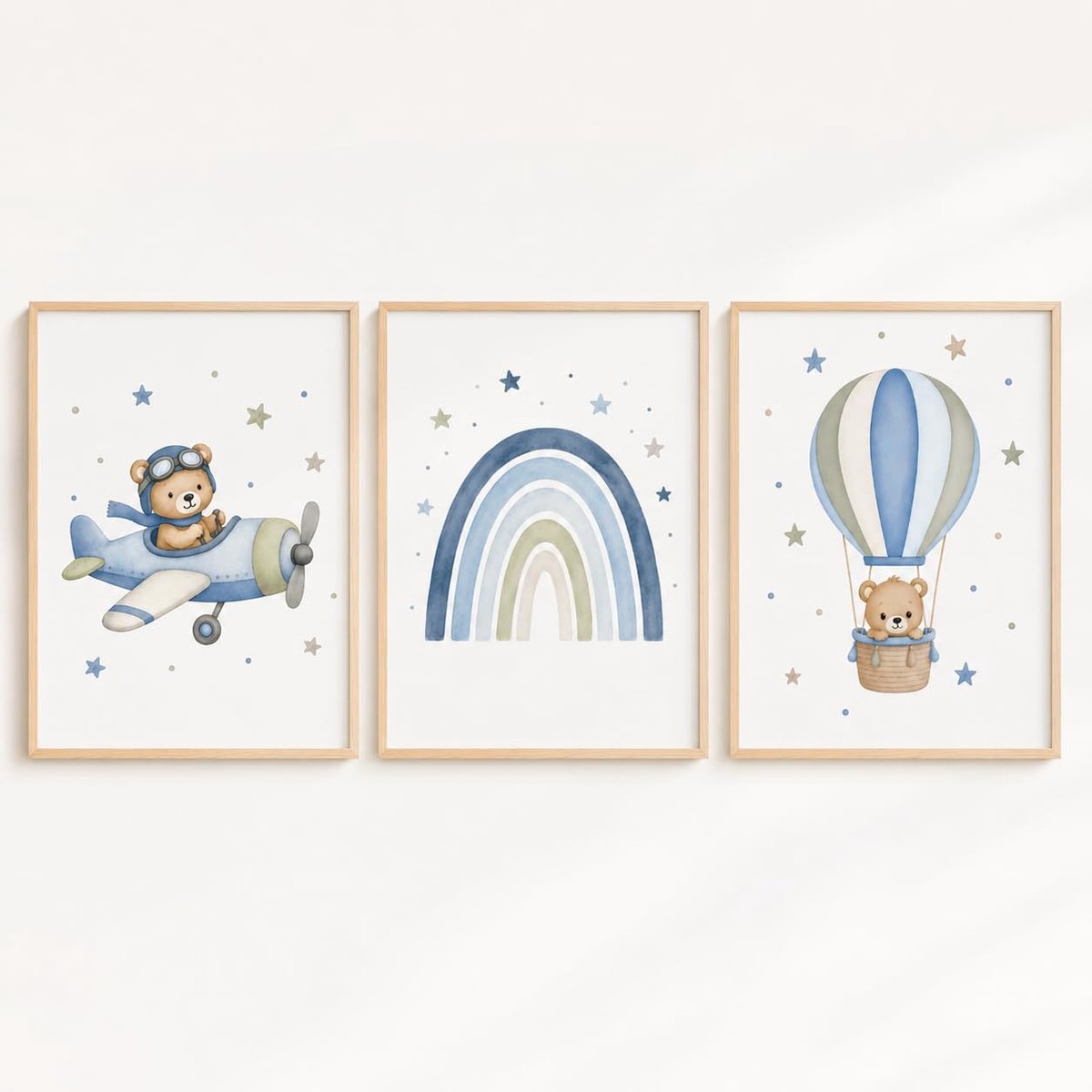 SnelShoppen - Generische Kinderkamerposterset - Aquareldieren, Vliegtuig, Graafmachine, Bouwplaats, Heteluchtballon en Beren - Decoratie Baby- en Kind
