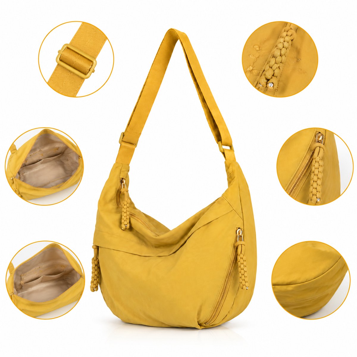 Halve Maan Tas Dames - Crossbody Tas Nylon - Grote Schoudertas met Verstelbare Schouderriem - Waterafstotende Moon Bag voor Werk, School en Reizen - Geel