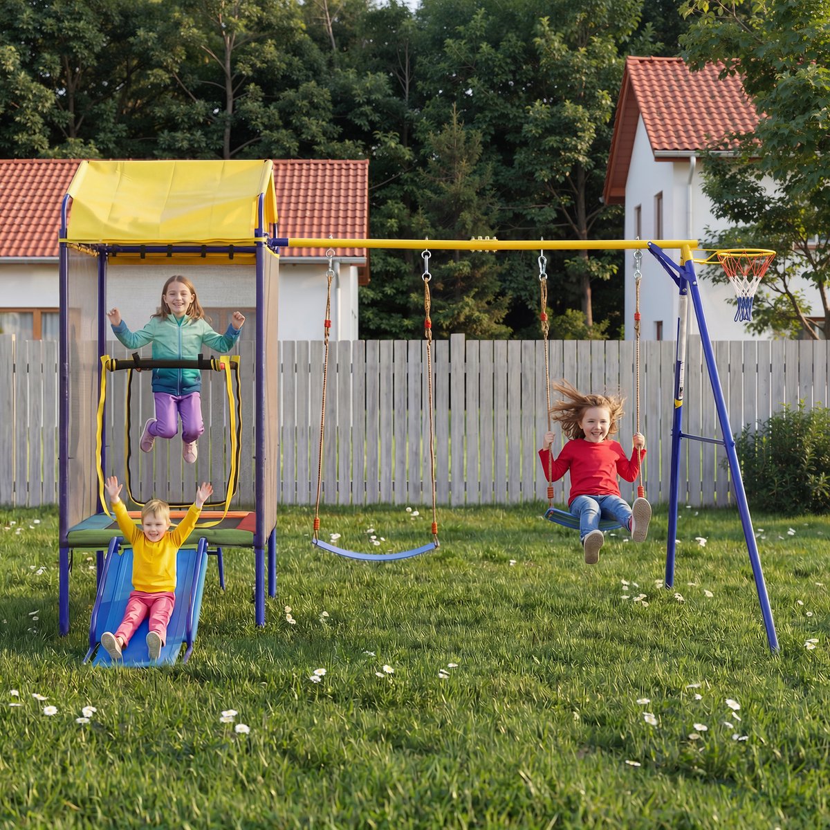 FloraGrace Schommelset – 336 x 217 x 238 cm – Met Trampoline, Dubbele Schommel En Glijbaan – Metaal – Veelkleurig – Voor Tuin Met Veiligheidsnet