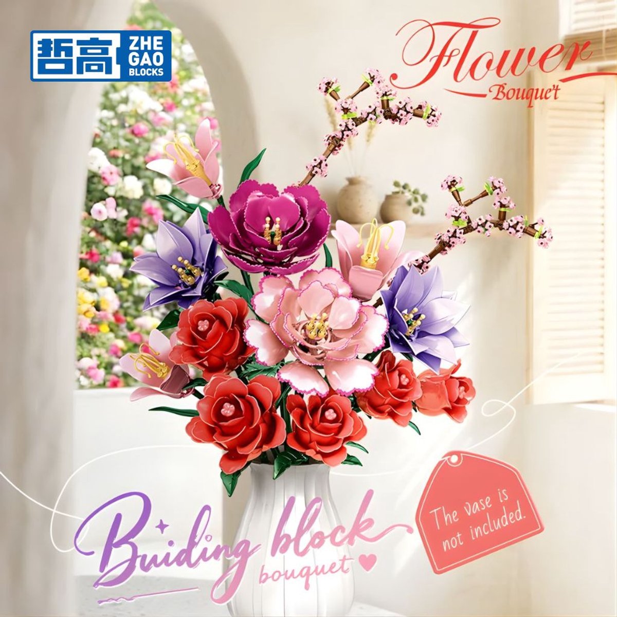Zhe Gao 11309 Pioenrozen kunst bloemen bouwset | Botanical Flowers Collection modelbouw | Classic Creator STEM speelgoed bouwpakket voor volwassenen en kinderen | Educatief decoratie Kunstbloemen niet geschikt voor Lego | bouwdoos met 769 bouwstenen — afbeelding 2