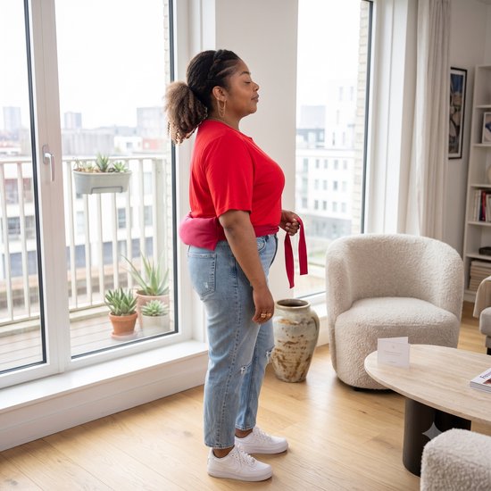 Vrouw met rode top en spijkerbroek draagt een rood warmtekussen om haar onderrug.