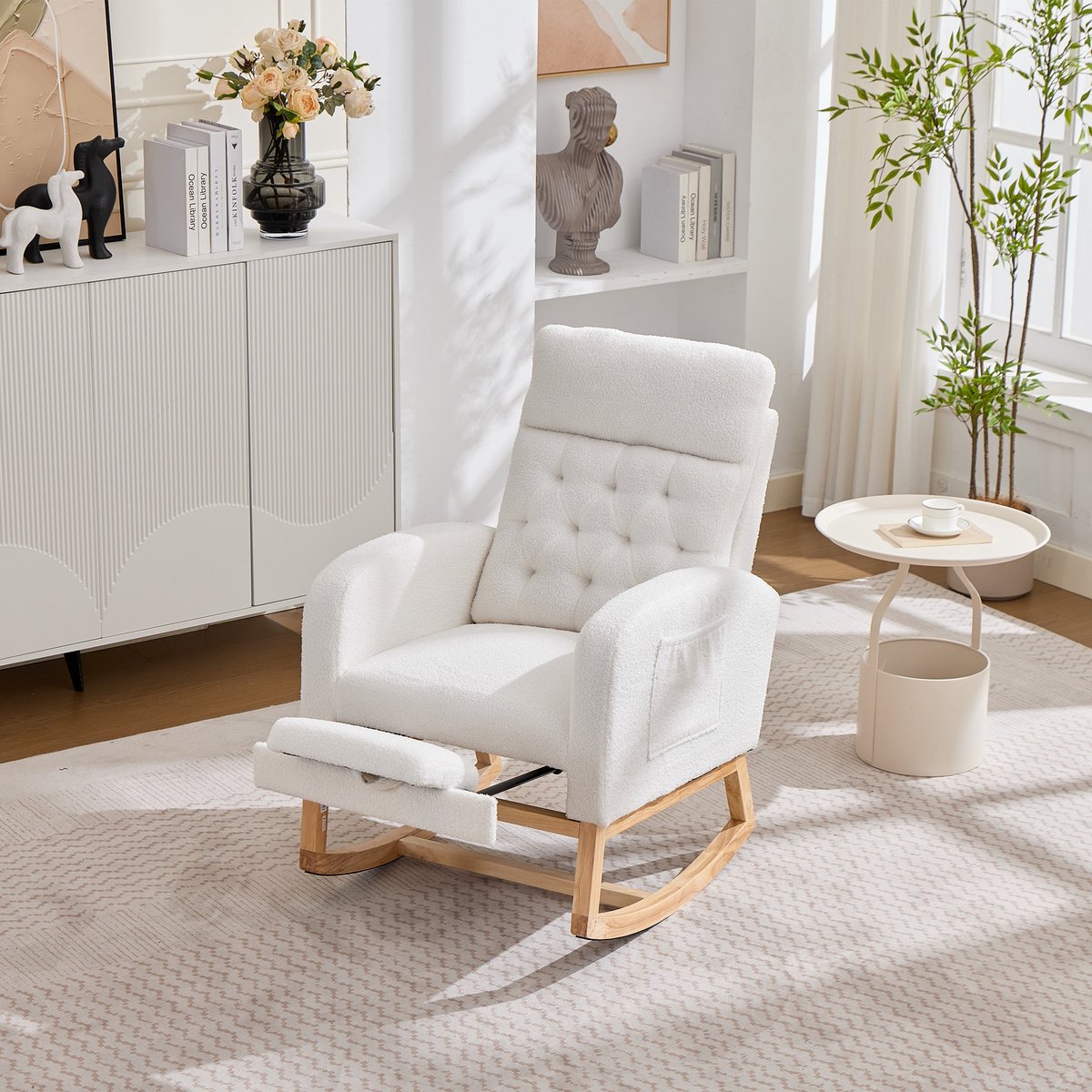 Sweiko Schommelstoel - Fauteuil - Bookley-stof - Verstelbare voetsteun - 65.6 x 123.5 x 102 cm - Wit