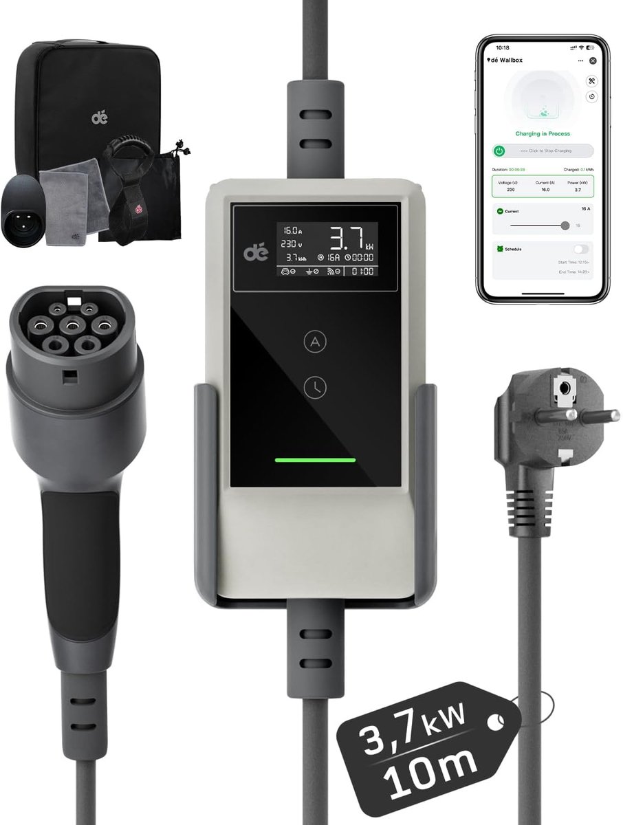 SnelShoppen - EV Charger Type 2 Schuko met App 3,7kW [10m, 1-fase, 6-16A] WIFI Thuis Lader voor Model Y/3, ID.3/4, EX30 en andere EV/PHEV, Wit
