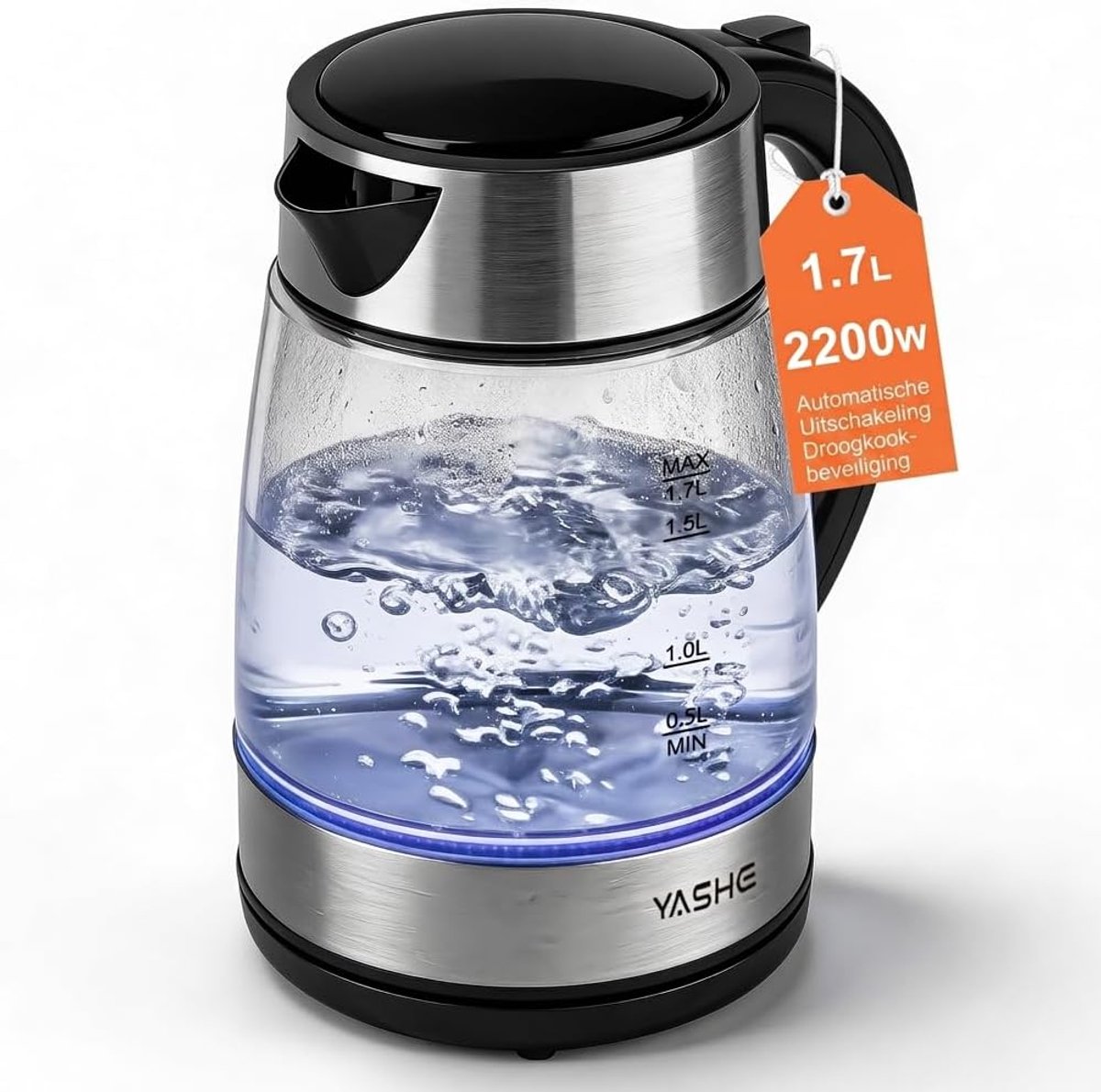 SnelShoppen - Elektrische Glas Waterkoker 1,7L, 2200W Snelkoker met Blauwe LED-verlichting, Automatische Uitschakeling en Droogkookbeveiliging, Draadl