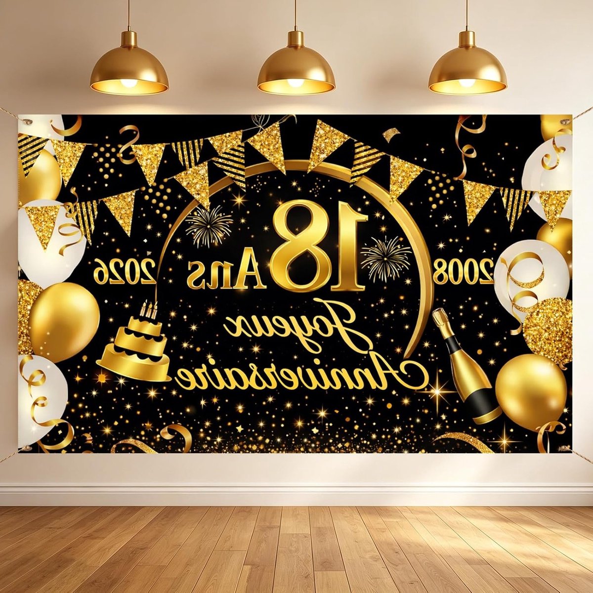 Happy 18 Jaar Banner Decoratie voor Verjaardag, Zwart en Goud, 180 x 110 cm, Feestdecoratie voor Jongens en Meisjes, Verjaardagsfeest Achtergrond