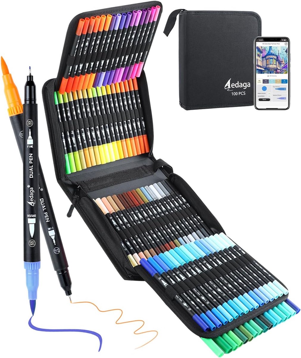 SnelShoppen - 100 Kleuren Genummerde Viltstiften Set met App, Mandala Stiften (Borstel en Fijne Punt) voor Volwassenen en Kinderen, Dual Brush Pen Set