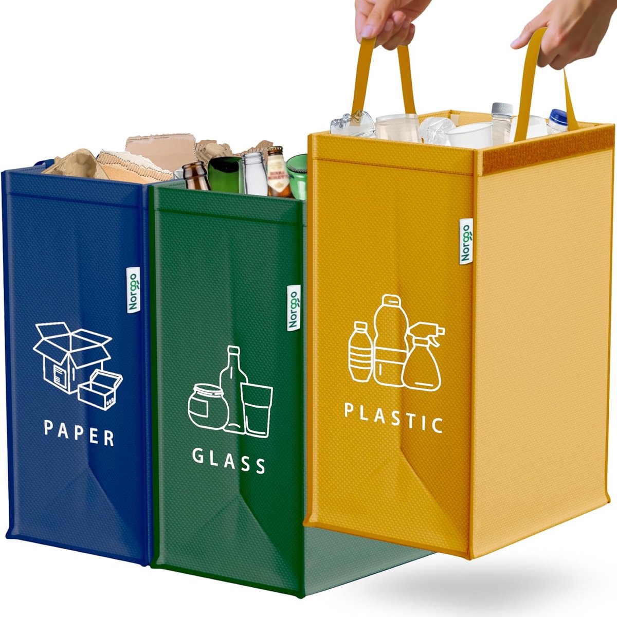 SnelShoppen - Recycling Afvalbakken Set van 3x40L voor Plastic, Papier en Glas - Duurzame Afvalbak met Kleurige Recycling Zakjes - 3 Compartimenten Vo