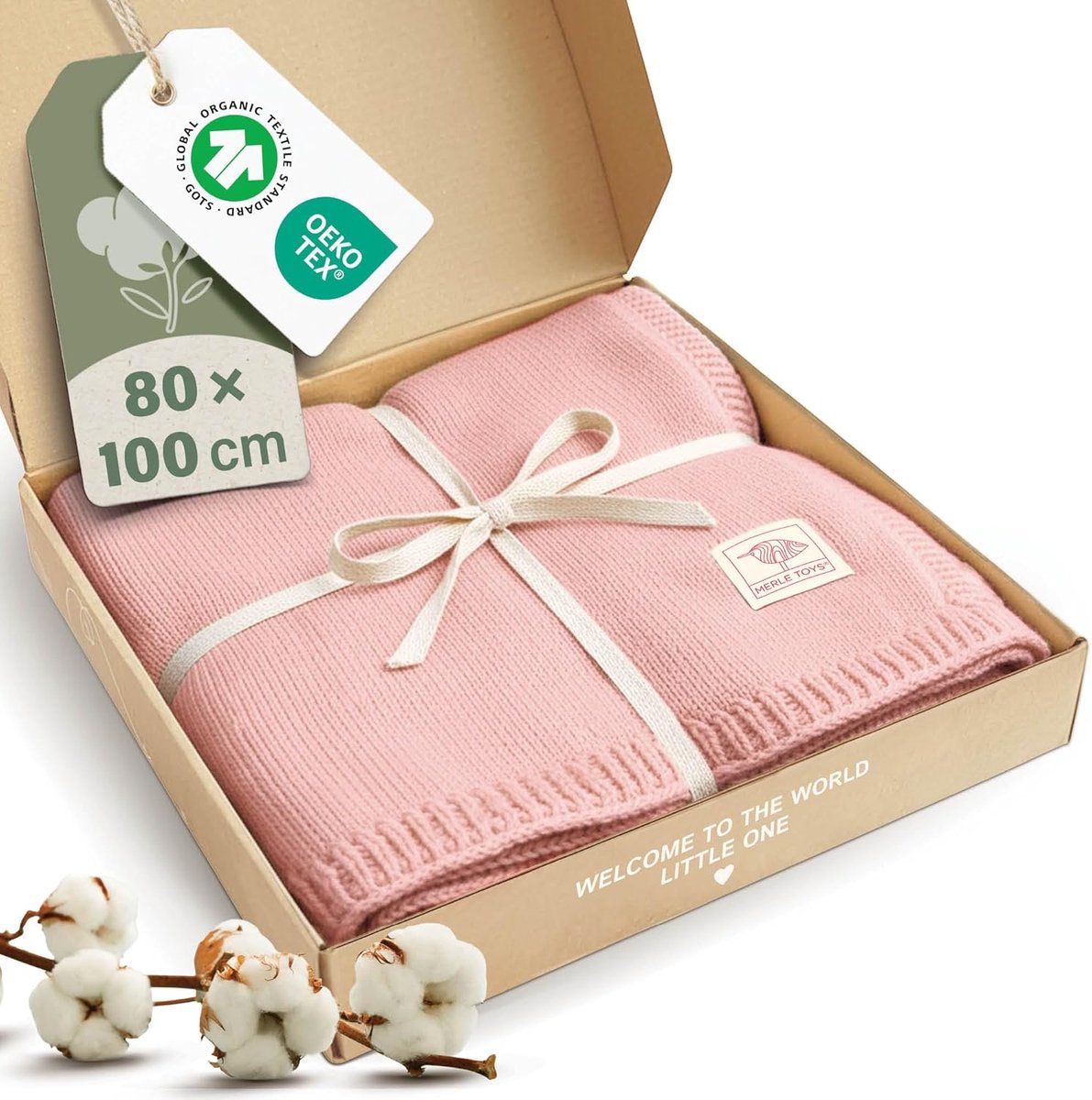 SnelShoppen - Babydeken voor pasgeborenen, 100% biologisch katoen, roze, gebreide knuffeldeken, GOTS & Oeko-Tex gecertificeerd, zachte babydeken voor