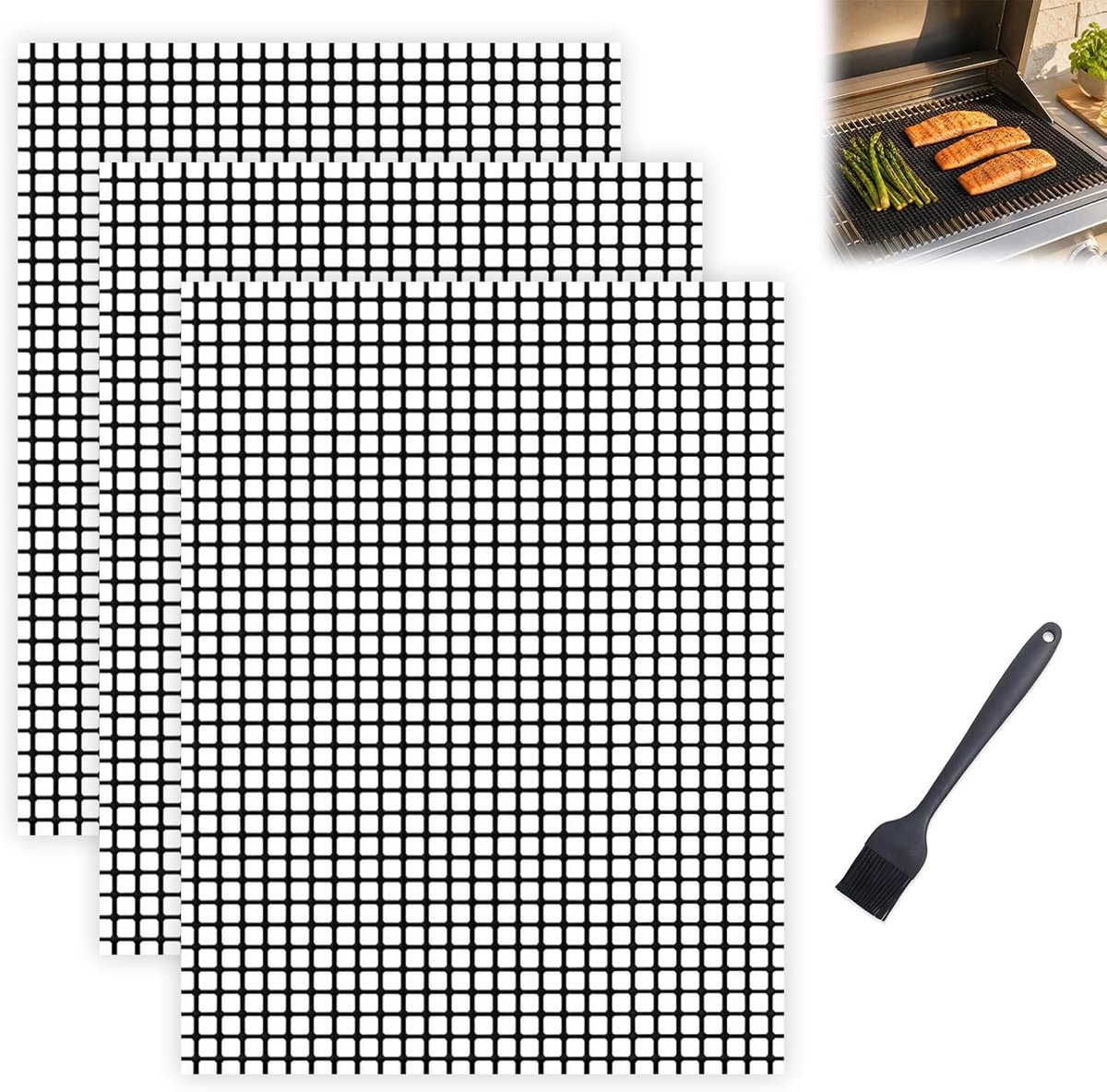 SnelShoppen - Set van 3 Grillmatten 40 × 30 cm met Siliconen Borstel, Antiaanbaklaag, Hittebestendig, Herbruikbaar, Grillrooster voor Gasgrill, Houtsk