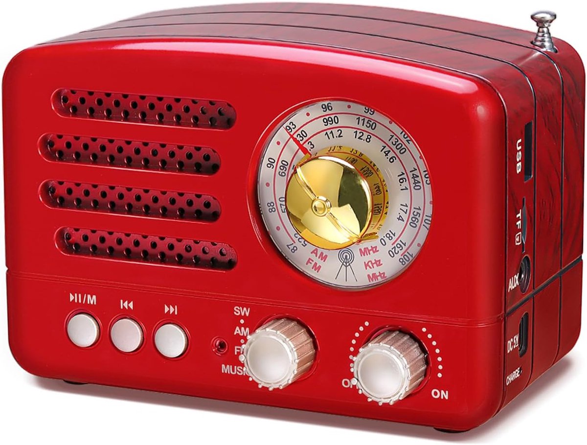 SnelShoppen - Vintage Draagbare Radio PRUNUS J-160 - FM/AM(MW)/SW, Bluetooth, Oplaadbaar, TF/USB Ondersteuning, Extra Grote Tuningknop, Rood