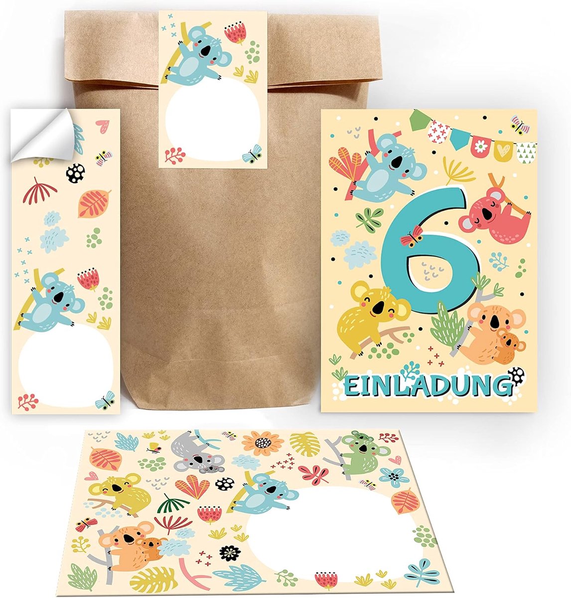 SnelShoppen - 12 uitnodigingen voor 6e verjaardag kinderen met koala design, incl. 12 enveloppen, 12 cadeauzakjes en 12 stickers - Feest, verjaardag,